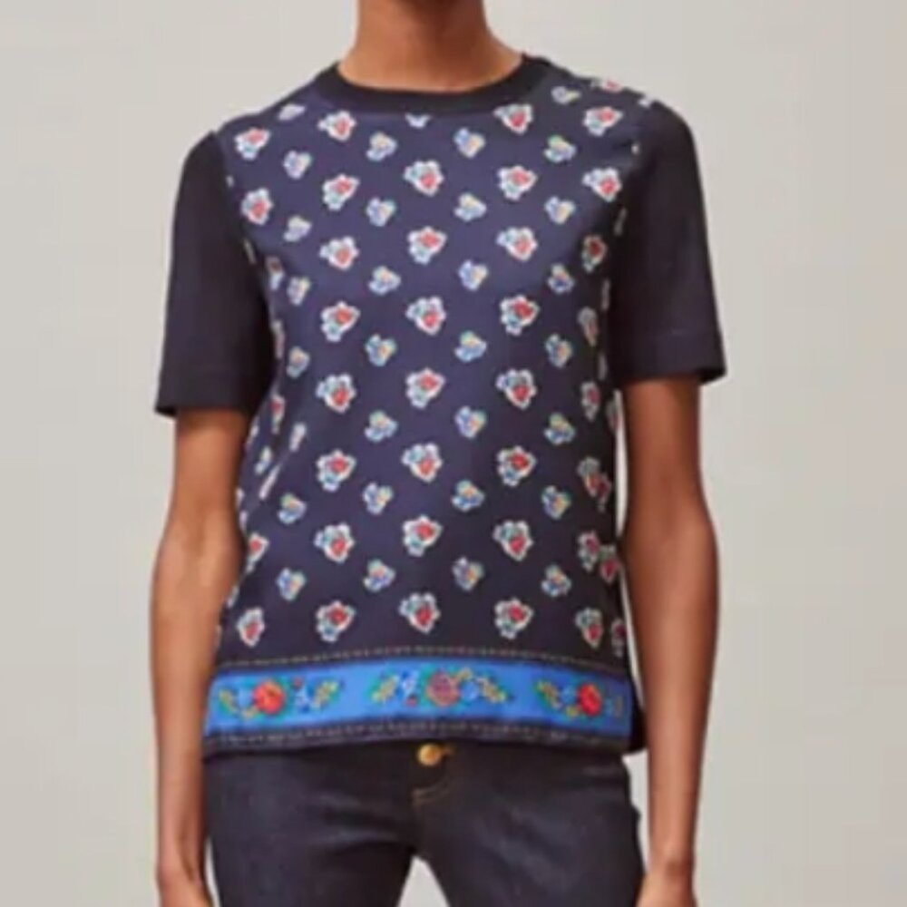 TORY BURCH Women's Floral Print Silk T-shirt Blouse in Navy Petite $375
